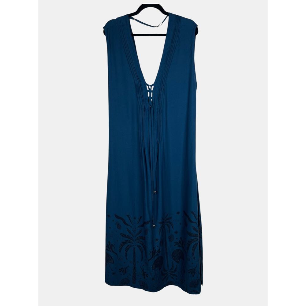 Amiani Viscose Maxi Dress L XL Blue Tropical Palm Print Sleeveless‎ Resort